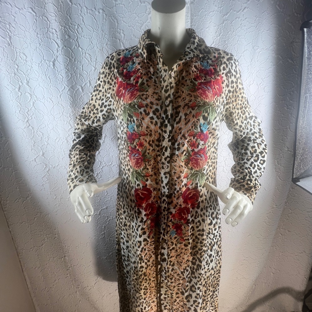 Savanna Jane Leopard Floral Embroidered Button Down Maxi Shirt Dress Size M - Picture 9 of 11